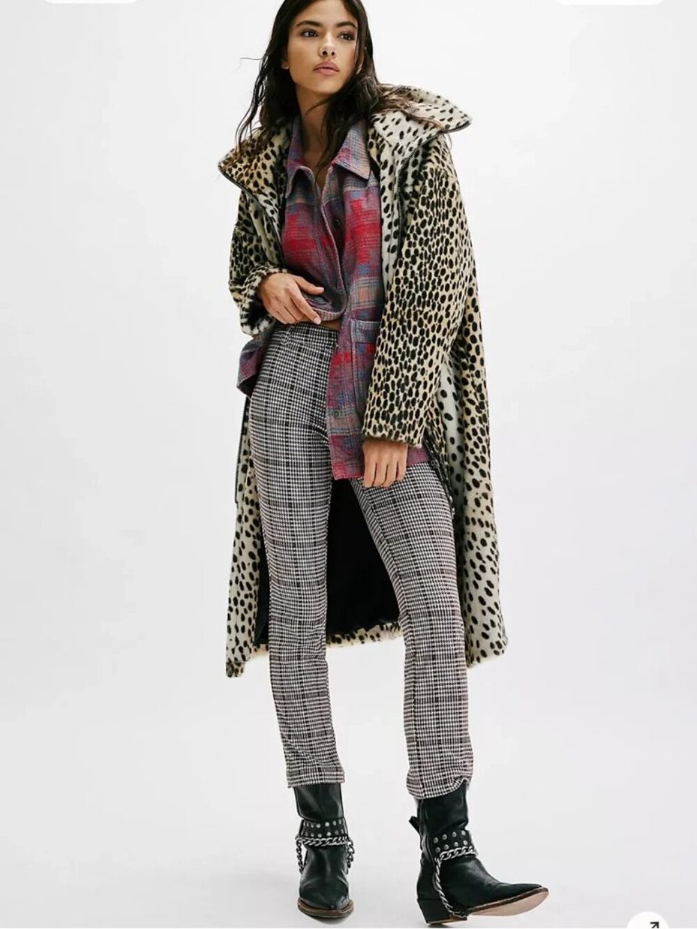 Free People Molly Plaid Slim Pant / Neutral Combo NWT - (6)
